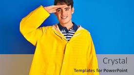  Presentation with fisherman - Beautiful presentation theme featuring teenager fisherman boy wearing yellow raincoat over isolated background very happy and smiling looking far away with hand over head searching concept backdrop and a light gray colored foreground