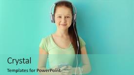  Presentation with music teal color - Theme featuring teenager girl listening to music background and a seafoam green colored foreground