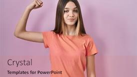  Presentation with standing strong - PPT theme having teenager-girl-standing-over-pink background and a coral colored foreground