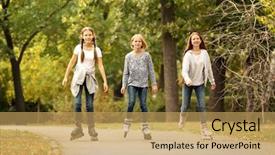  Presentation with park - Audience pleasing PPT theme consisting of teenager girls on roller skates in park backdrop and a yellow colored foreground
