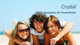  Presentation with summer at the beach - Theme featuring teenager health - young attractive friends enjoying together background and a cool aqua colored foreground