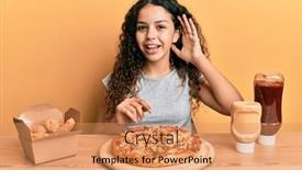  Presentation with fried chicken - Presentation theme featuring teenager-hispanic-girl-eating-pizza background and a coral colored foreground