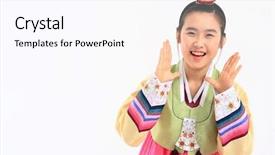  Presentation with korea - Presentation theme featuring teenager in traditional korean dress background and a pink colored foreground