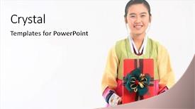 Presentation with korea - Presentation theme having teenager in traditional korean dress background and a pink colored foreground