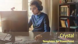  Presentation with game - Slide set with teenager playing at computer game background and a tawny brown colored foreground