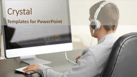  Presentation with computer music - PPT theme featuring teenager playing computer game background and a soft green colored foreground