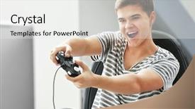  Presentation with home - Audience pleasing PPT theme consisting of teenager playing videogame at home backdrop and a  colored foreground