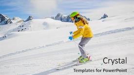 Presentation with rider - Presentation theme featuring teenager ski rider on fresh powder snow on slope in italy san martino di castrozza dolomites background and a light gray colored foreground