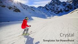  Presentation with sport blue - PPT theme with teenager skiing in italian alps in background blue sky and shiny sun and ortler in south tirol italy adventure winter extreme sport background and a light gray colored foreground