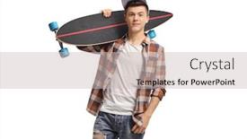  Presentation with white - Cool new presentation design with teenager with a longboard isolated on white background backdrop and a soft green colored foreground
