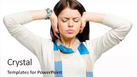  Presentation with eyes - Amazing slide set having teenager with eyes closed closes her ears with hands isolated on white backdrop and a white colored foreground