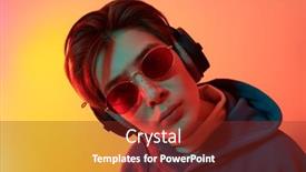  Presentation with headphones - Amazing PPT theme having teenager-with-headphones-stares-intently backdrop and a tawny brown colored foreground