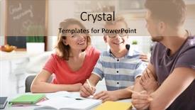  Presentation with homework - Amazing PPT theme having teenager with parents doing homework backdrop and a coral colored foreground