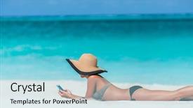  Presentation with travel app - Beautiful presentation theme featuring teenagers caribbean - beach vacation girl using mobile backdrop and a light blue colored foreground