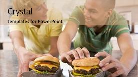  Presentation with burgers - Beautiful PPT theme featuring teenagers eating burgers backdrop and a coral colored foreground