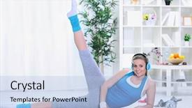  Presentation with teenagers - Presentation theme consisting of teenagers girl doing exercising for legs in living room background and a light blue colored foreground