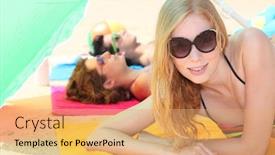  Presentation with teenagers - Cool new PPT theme with teenagers relaxing on the beach backdrop and a yellow colored foreground