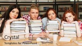  Presentation with tan book stack stacks of books - Amazing PPT theme having teenagers sitting at the library backdrop and a  colored foreground