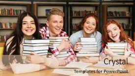  Presentation with tan book stack stacks of books - Audience pleasing theme consisting of teenagers sitting at the library backdrop and a lemonade colored foreground