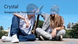  Presentation with teenagers - Presentation theme featuring teenagers sitting by a street background and a light blue colored foreground