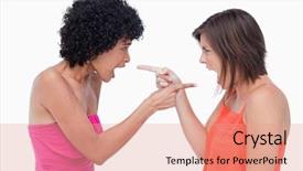  Presentation with teenagers - Beautiful slides featuring teenagers standing face to face and pointing their fingers on each other backdrop and a coral colored foreground