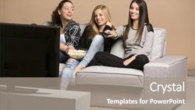  Presentation with movies - Cool new PPT theme with teenagers television - girls watching movies with popcorn backdrop and a gray colored foreground