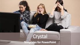  Presentation with television watching - Audience pleasing theme consisting of teenagers television - teenage girls watching horror movie backdrop and a gray colored foreground