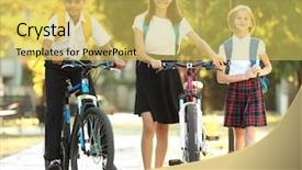  Presentation with bicycles - PPT theme having teenagers with bicycles walking background and a yellow colored foreground