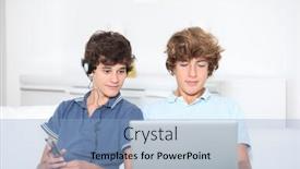  Presentation with computer music - Cool new slides with teenagers with music player and computer at home backdrop and a light blue colored foreground