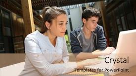  Presentation with teenagers - Slide deck featuring teenagers working on laptop in school campus background and a coral colored foreground