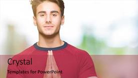  Presentation with praying hands - Slide deck having teenagers worship - young handsome man over isolated background and a red colored foreground