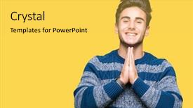  Presentation with praying hands - Slide set with teenagers worship - young handsome man over isolated background and a yellow colored foreground