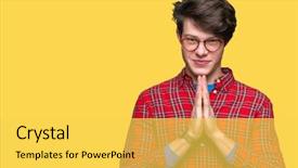  Presentation with elegant man in glasses optics - Cool new PPT theme with teenagers worship - young handsome man wearing glasses backdrop and a  colored foreground
