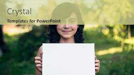  Presentation with white sheet - Audience pleasing PPT theme consisting of teengirl-holding-clean-white-sheet backdrop and a soft green colored foreground