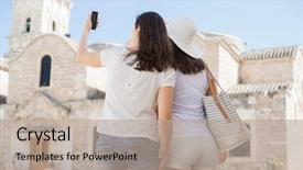  Presentation with women traveling - Slides having teens church - girls on a city tour background and a  colored foreground