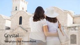  Presentation with women traveling - PPT layouts with teens church - girls on a city tour background and a  colored foreground