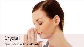  Presentation with praying hands - Amazing PPT theme having teens church - young woman praying with her backdrop and a  colored foreground