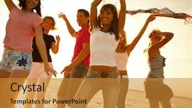  Presentation with sunset beach - Presentation theme having teens dancing at the beach background and a gold colored foreground