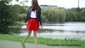  Presentation with girl teens - Slide deck with teens fashion portrait of a young brunette girl in the background of a summer park background and a seafoam green colored foreground