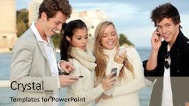  Presentation with cell phones - Colorful PPT theme enhanced with teens talking or texting on mobile cell phones backdrop and a soft green colored foreground