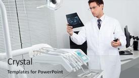  Presentation with nurse a male patient - Presentation having radiograph teeth - male dentist analyzing patient's x-ray background and a light gray colored foreground