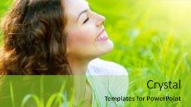  Presentation with spring nature grass - Slide deck with beautiful spring young woman outdoors enjoying nature healthy smiling girl in green grass spring meadow beautiful lady lying on the field background and a yellow colored foreground