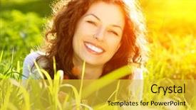  Presentation with spring nature grass - Slide set having beautiful spring young woman outdoors background and a yellow colored foreground