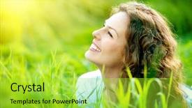  Presentation with green nature - Cool new slide deck with beautiful young woman outdoors enjoy backdrop and a yellow colored foreground