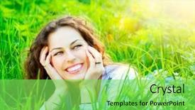  Presentation with green nature - Cool new slides with beautiful young woman outdoors enjoy nature healthy smiling girl in green grass backdrop and a seafoam green colored foreground