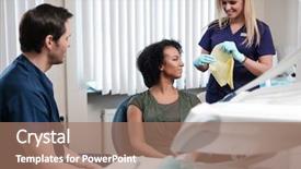  Presentation with private practice - PPT theme with prothetiks - dentist and his assitant working background and a coral colored foreground