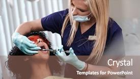  Presentation with surgery colon - Audience pleasing slide deck consisting of prothetiks - young beautiful blond woman dentist backdrop and a violet colored foreground