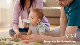  Presentation with baby blocks - Colorful slide set enhanced with teeths - mixed-race family parenthood and people backdrop and a coral colored foreground