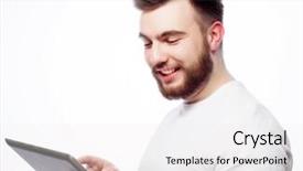  Presentation with tehnology - Presentation theme having tehnology and lifestyle concept young man wearing white t-shirt using a tablet computer - isolated over a white background background and a white colored foreground