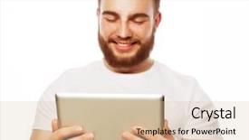  Presentation with tehnology - Cool new presentation theme with tehnology and lifestyle concept young man wearing white t-shirt using a tablet computer - isolated over a white background backdrop and a lemonade colored foreground